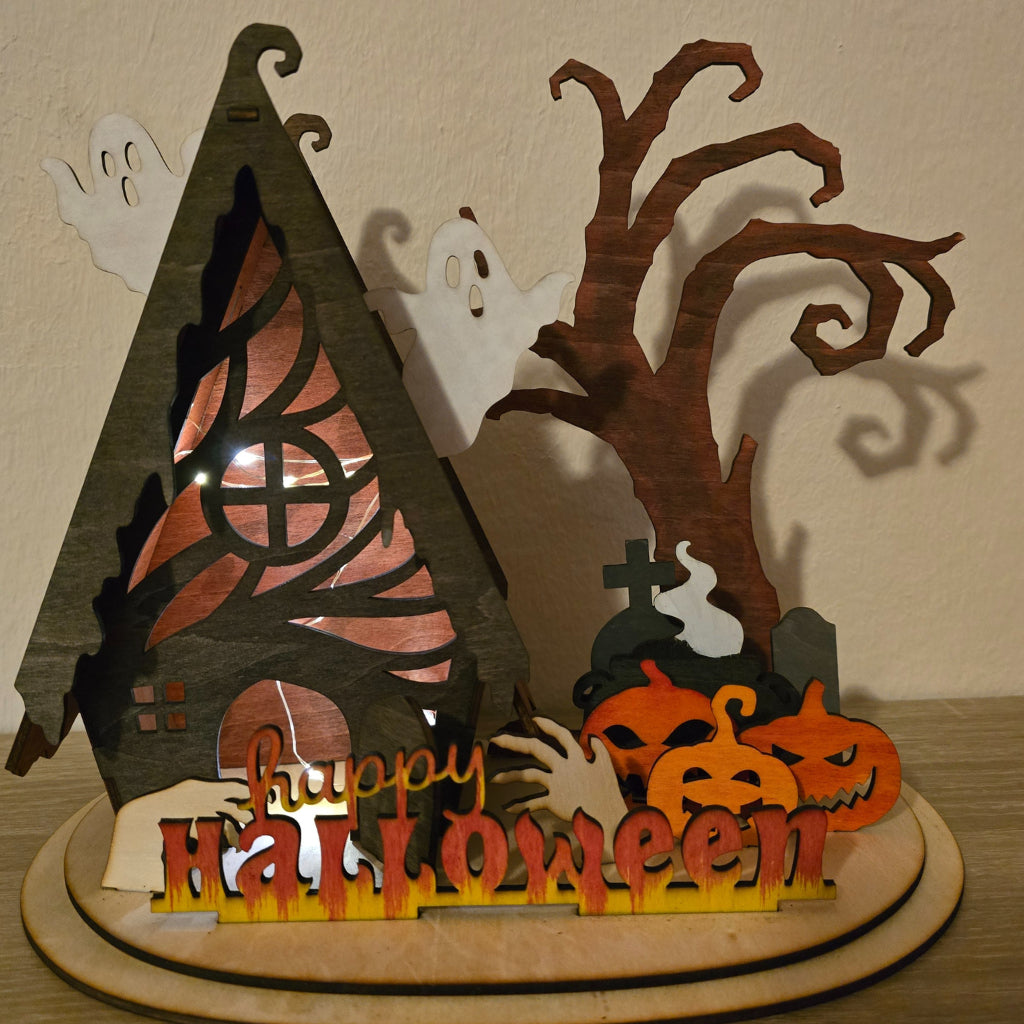 Deko Happy Halloween Spukhaus – Handgemachte Holzdeko mit Licht