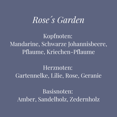 Bild mit Duftkomposition der Duftkerze Rose´s Garden. Ein romantisch, wilder Sommerduft mit Rose, Lilie und Pflaume. Sandelholz und Amber verleihen ihm Tiefe.