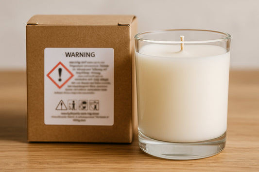 Ein transparentes Aromadeko-Kerzenglas in typischer Whiskyglasform, gefüllt mit weißem Wachs steht auf einem schlichten Holztisch. Neben der Kerze liegt ein dezenter, eleganter Karton, auf dem ein stilisiertes CLP-Etikett erkennbar ist.