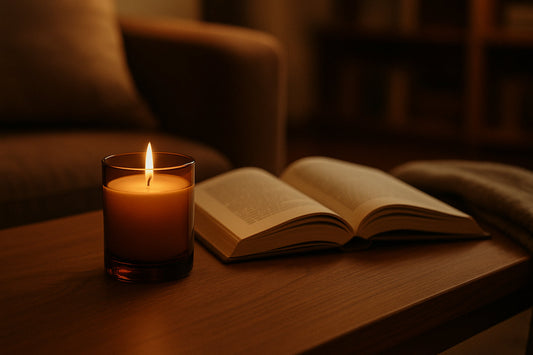 Amberfarbene Duftkerze brennt auf einem Holztisch neben einem aufgeschlagenen Buch, gemütlich beleuchtetes Wohnzimmer im Hintergrund. Symbol für Sicherheit und Entspannung.