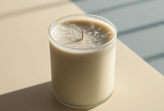 Nahaufnahme einer unbeleuchteten Kerze aus naturreinem Raps-Kokos-Wachs in einem glatten Glasgefäß. Die Wachsoberfläche zeigt feine, weiße kristalline Muster (Frosting) – ein natürlicher Effekt bei Pflanzenwachs.