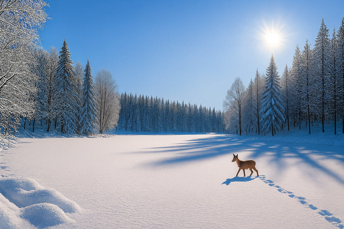 Sonnige Winterlandschaft mit verschneitem See und Reh, das über die Schneefläche läuft und eine Spur hinterlässt.
