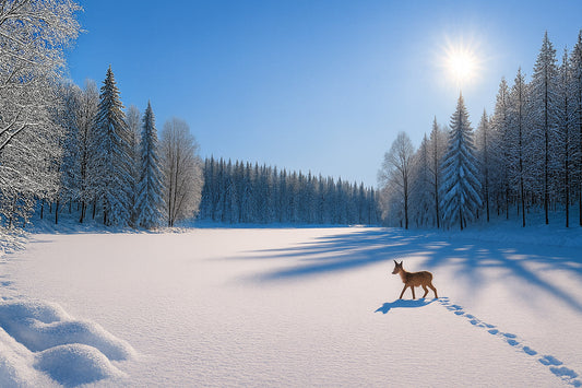 Sonnige Winterlandschaft mit verschneitem See und Reh, das über die Schneefläche läuft und eine Spur hinterlässt.