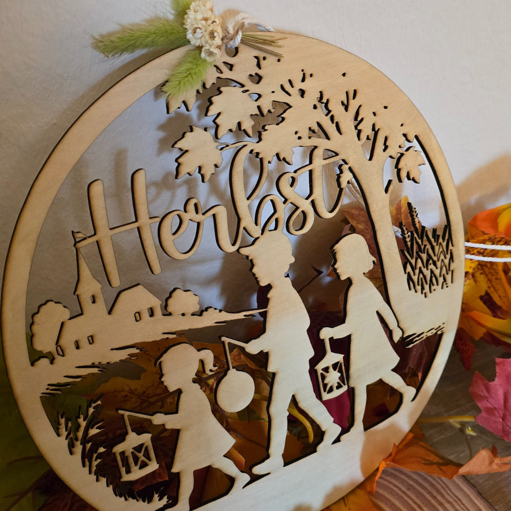 Herbst – Holzschild mit Laternenkindern