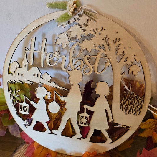 Herbst – Holzschild mit Laternenkindern