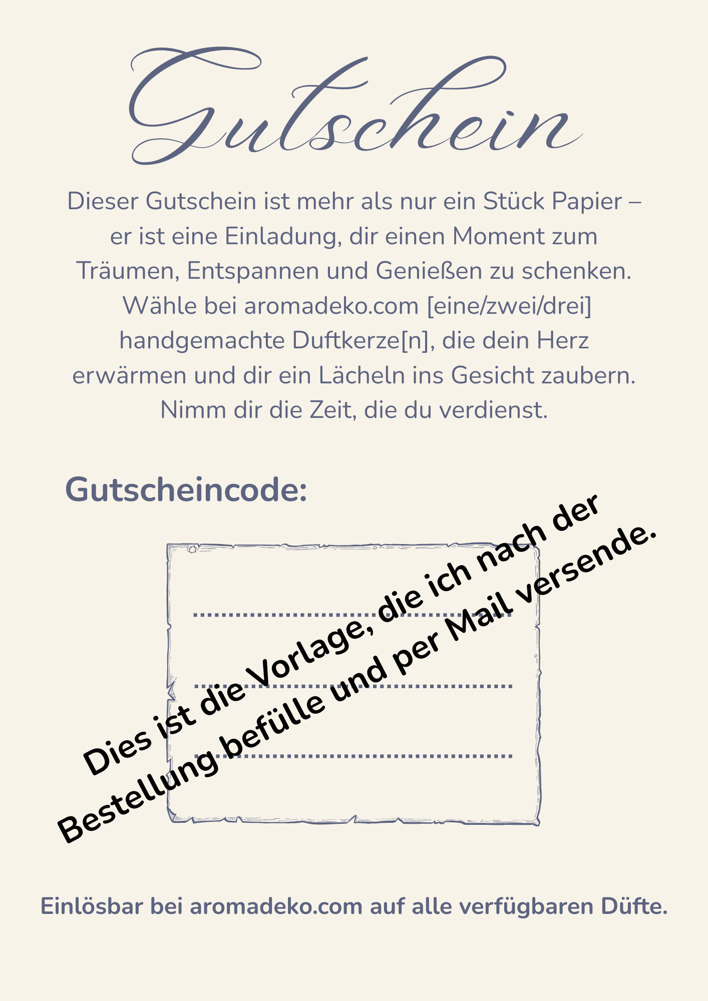 Bild der Aromadeko-Gutscheinvorlage zum Ausfüllen – digitaler Gutschein für Duftkerzen im liebevollen Design – Versand nach Bestellung