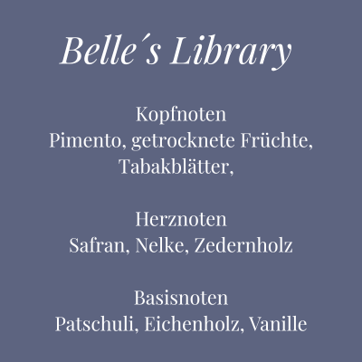 Bild mit Duftbeschreibung der Kerze Belle’s Library – würzig-holziger Duft mit Tabak, Piment und Eichenholz – Aromadeko