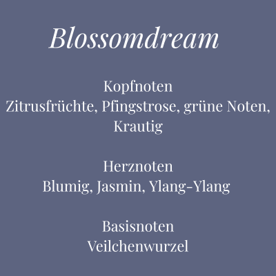 Duftübersicht der Kerze Blossomdream – blumig-zitrischer Duft mit Jasmin, Ylang-Ylang und Veilchenwurzel – Aromadeko