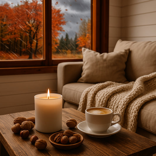 Duftkerze im mattweißen Glas auf einem Couchtisch in einer modernen, gemütlichen Holzhütte mit hellem Sofa, weicher Decke und Milchkaffee – draußen tobt der Herbststurm mit fliegenden Blättern und dunklem Himmel, drinnen herrscht warme Geborgenheit.