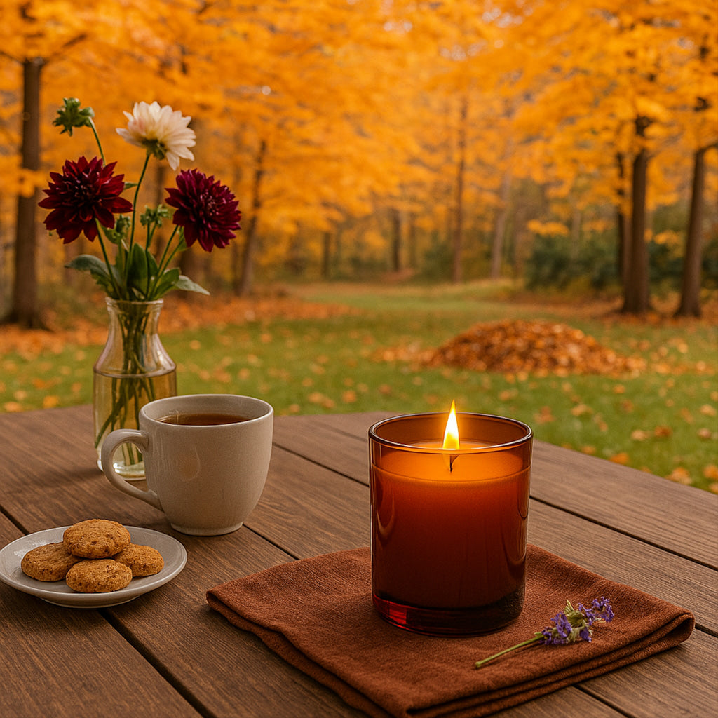 Duftkerze im amberfarbenen Glas auf einem Gartentisch mit Teetasse, Plätzchen und einer Vase mit Herbstblumen – im Hintergrund ein Laubhaufen auf grüner Wiese und leuchtende Bäume in goldenen Herbstfarben.

