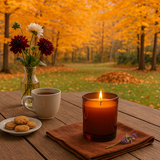 Duftkerze im amberfarbenen Glas auf einem Gartentisch mit Teetasse, Plätzchen und einer Vase mit Herbstblumen – im Hintergrund ein Laubhaufen auf grüner Wiese und leuchtende Bäume in goldenen Herbstfarben.

