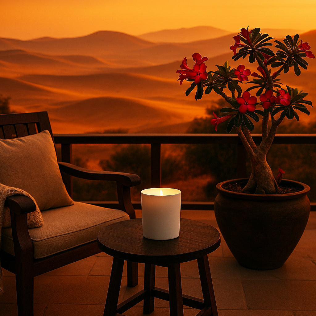 Luxuriöse Terrasse mit Blick auf goldene Wüstendünen im Abendlicht. Ein elegantes weißes Kerzenglas steht auf einem rustikalen Holztisch neben einer leuchtend roten Wüstenrose in einem edlen Blumenkübel. Die warme Atmosphäre wird durch die sanften, goldenen Töne des Sonnenuntergangs verstärkt.