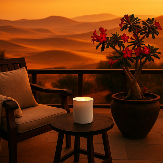 Luxuriöse Terrasse mit Blick auf goldene Wüstendünen im Abendlicht. Ein elegantes weißes Kerzenglas steht auf einem rustikalen Holztisch neben einer leuchtend roten Wüstenrose in einem edlen Blumenkübel. Die warme Atmosphäre wird durch die sanften, goldenen Töne des Sonnenuntergangs verstärkt.
