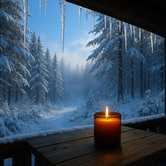Duftkerze im amberfarbenen Glas auf einem rustikalen Holztisch, davor ein verschneiter Winterwald mit schneebedeckten Bäumen, Eiszapfen am Dach und ein nebelverhangener Waldweg unter klarem blauen Himmel.