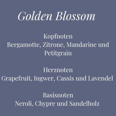 Duftbeschreibung der Kerze Golden Blossom – zitrusfrischer Duft mit Lavendel und Sandelholz – Aromadeko