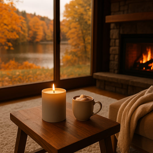 Gemütliche Herbstszene im Inneren einer rustikalen Holzhütte. Ein schicker Holztisch mit einer mattweißen Duftkerze und einer Tasse heißer Schokolade steht im Vordergrund. Im Hintergrund lodert ein knisterndes Kaminfeuer. Durch eine große Fensterfront ist ein herbstlicher See mit farbenfrohem Laub zu sehen. Die warme, einladende Atmosphäre vermittelt Geborgenheit und Luxus.
