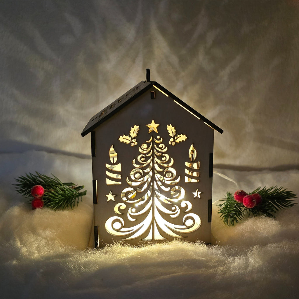 Holzhäuser mit Lichtspiel – Weihnachtsdeko aus Lindenholz