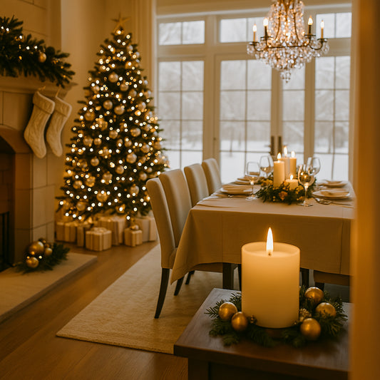Eine elegante, weihnachtlich geschmückte Wohn- und Esszimmerszene mit cremeweißen und goldenen Dekorationen. Links im Bild ein Kamin mit cremefarbenen Weihnachtsstrümpfen und einer Tannengirlande. Im Hintergrund steht ein großer Weihnachtsbaum vor einer Fensterfront, durch die eine verschneite Winterlandschaft zu sehen ist. Der Tisch ist festlich gedeckt mit Kerzen und glänzenden Gläsern. Im Vordergrund rechts steht eine Duftkerze im mattweiß beschichteten Glas, harmonisch eingebettet in die Szenerie mit we