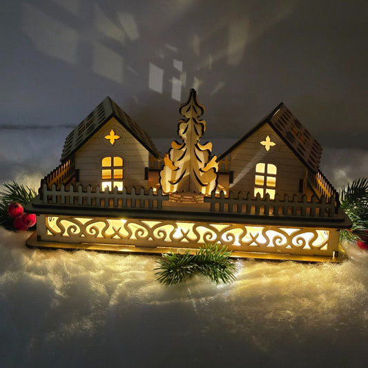 Winterzauber – Holzhaus-Deko mit Lichtpodest