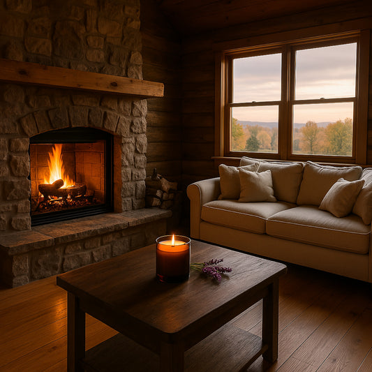 Amberfarbene Duftkerze auf dunklem Holztisch in einer gemütlichen Steinhütte mit hellem Holzfußboden, cremefarbenem Sofa und Kaminfeuer – durch das Fenster fällt der Blick auf eine spätsommerliche Landschaft.