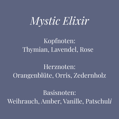 Duftübersicht der Kerze Mystic Elixir – geheimnisvoller Duft mit Weihrauch, Lavendel und Vanille – Aromadeko