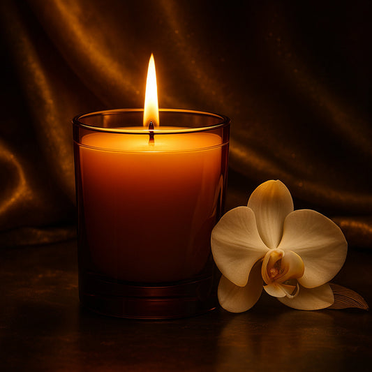 Nature’s Luxury Notes Duftkerze in einem edlen Amberglas mit weißem Wachs, umgeben von zarten Orchideenblüten, Lotusholz und sanften, warmen Farbverläufen. Ein luxuriöses, geheimnisvolles Ambiente, das Eleganz und Opulenz visuell darstellt.