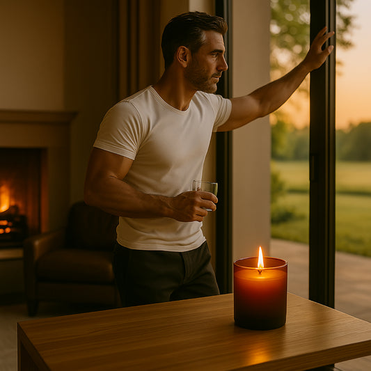 Ein warmes, maskulines Wohnzimmer im goldenen Licht des Spätsommers. Im Hintergrund steht ein großer, muskulöser Mann mit dunklem Haar und weißem T-Shirt an einem großen Fenster. In der Hand hält er ein Glas Whisky und blickt entspannt nach draußen. Der Raum ist elegant und minimalistisch eingerichtet, in natürlichen Erdtönen gehalten. Im Vordergrund steht eine brennende Duftkerze in einem amberfarbenen Glas auf einem Holztisch. Die Kerze fügt sich dezent in die Szene ein und sorgt für eine ruhige, luxuriös