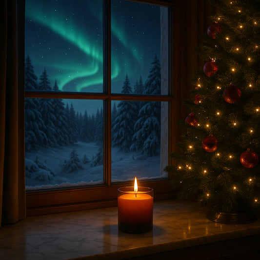 Duftkerze im amberfarbene Glas auf einem Fensterbrett, neben einem rot geschmückten Weihnachtsbaum, mit Blick auf verschneiten Tannenwald und tanzende Nordlichter am Winterhimmel.