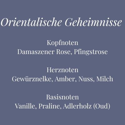 Bild mit Duftbeschreibung der Kerze Orientalische Geheimnisse – sinnlich-orientalischer Duft mit Rose, Praline und Oud – Aromadeko