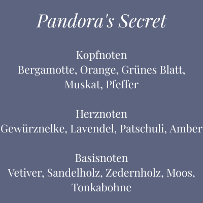 Duftübersicht der Kerze Pandora’s Secret – mystischer, würziger Duft mit Pfeffer, Lavendel und Tonkabohne – Aromadeko