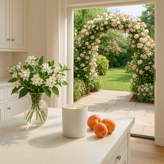 Elegante, moderne Landhausküche mit weißer Kücheninsel, dekoriert mit einer Vase voller Jasminblüten, reifen Pfirsichen und einer mattweißen Duftkerze. Durch eine breite Glastür fällt sanftes Tageslicht in den Raum und eröffnet den Blick auf einen gepflegten Garten mit grünem Rasen, einem Rosenbogen voller weißer und rosa Blüten und üppiger Vegetation. Eine frische, einladende Frühlingsszene, die Eleganz und Natürlichkeit vereint.