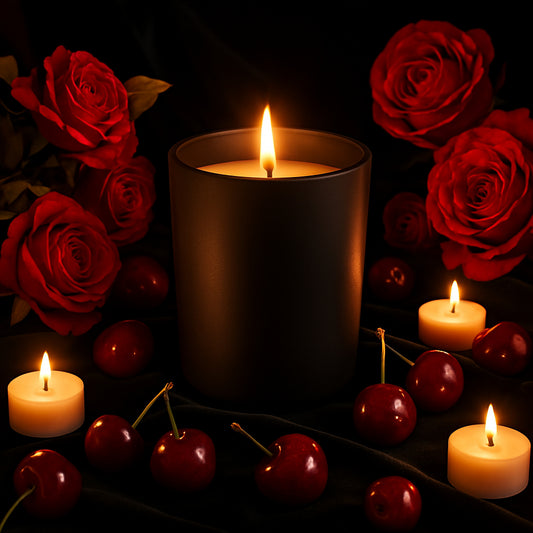 Elegante, sinnliche Szene mit einem mattschwarzen Kerzenglas, umgeben von tiefroten Rosen und reifen Kirschen, auf einem luxuriösen schwarzen Samthintergrund. Kleine, flackernde Kerzenlichter erzeugen ein warmes, gedämpftes Licht und verstärken die geheimnisvolle, verführerische Atmosphäre.