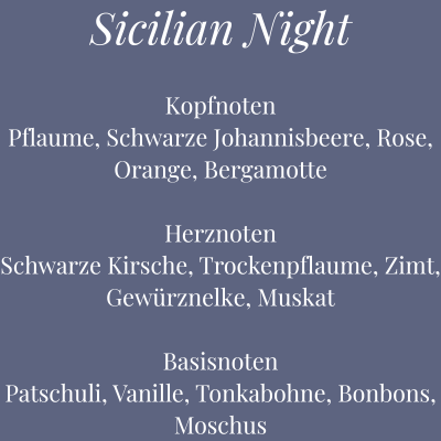 Bild mit Duftbeschreibung der Kerze Sicilian Night – intensiver Fruchtduft mit Pflaume, Tonkabohne und Gewürzen – Aromadeko
