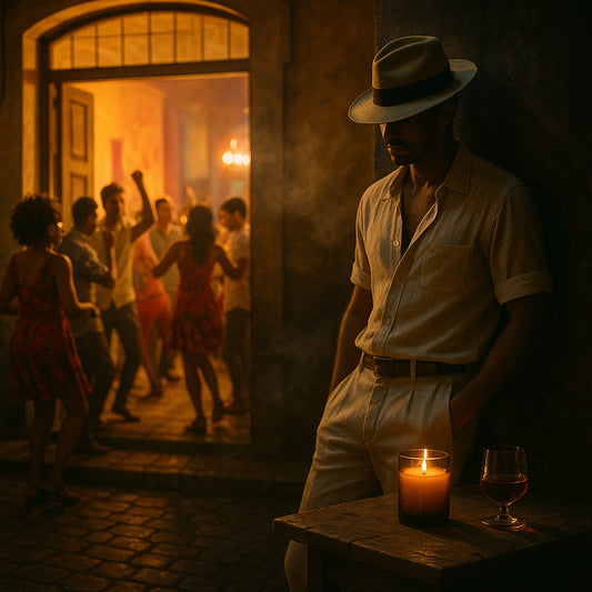 Havanna bei Nacht: links der hell erleuchtete Eingang eines Clubs, davor tanzen Menschen in bunter Sommerkleidung. Rechts lehnt ein Mann in Leinenhose, offenem Hemd und Hut geheimnisvoll an der Mauer. Davor auf einem kleinen Tisch eine amberfarbene Duftkerze mit weißem Wachs und ein Glas Cognac – kontrastreich, lebendig und rauchig-elegant.