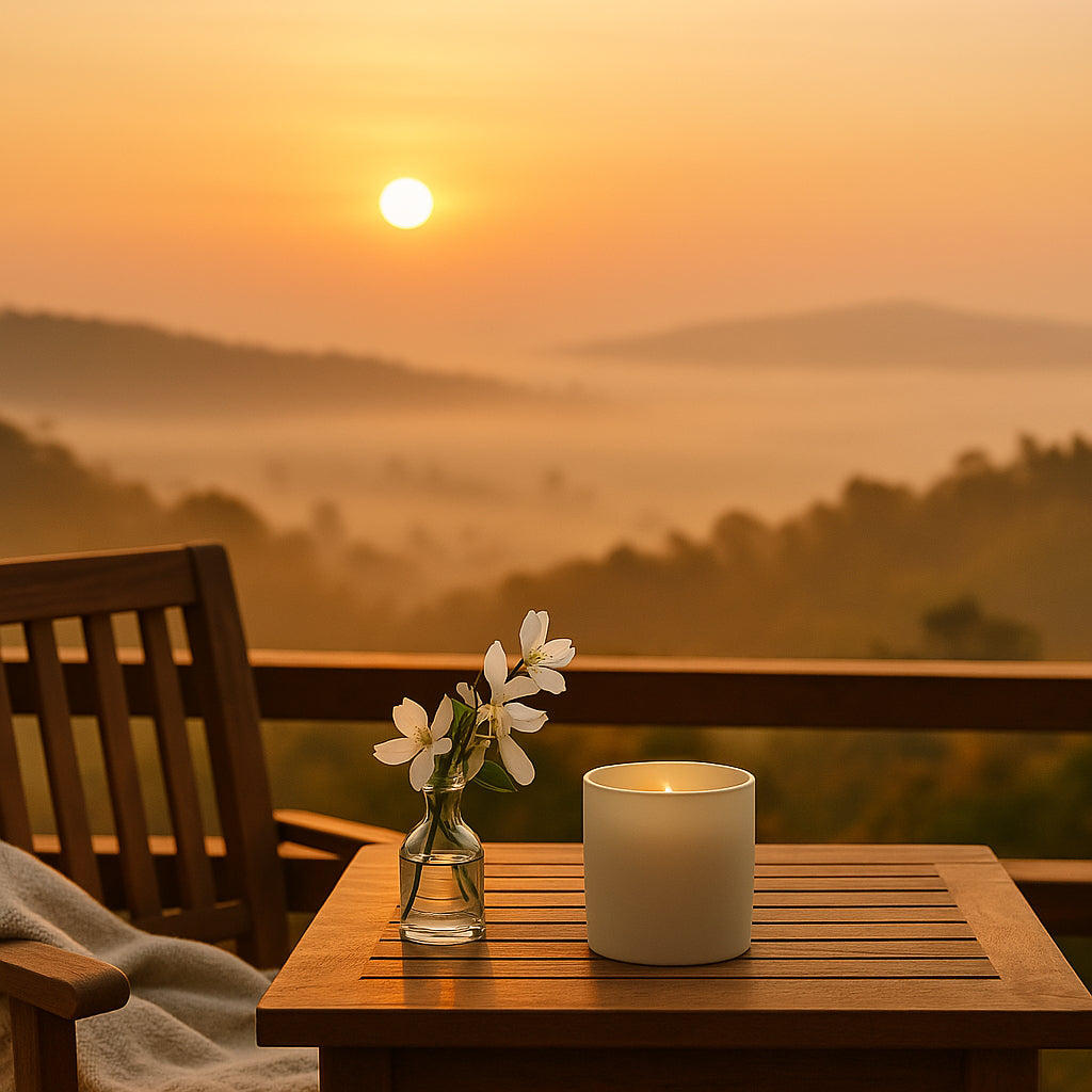 Holzterrasse im sanften Morgenlicht, mit Blick auf neblige, sanft geschwungene Hügel. Ein minimalistischer Holztisch mit einer mattweißen Duftkerze und einer Vase mit weißen Blüten (Orangenblüten, Jasmin, Tiare) steht im Vordergrund. Die goldene Morgensonne taucht die Szene in warmes, beruhigendes Licht und schafft eine friedliche, einladende Atmosphäre.