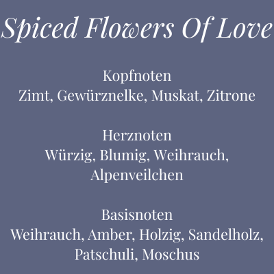 Bild mit Duftübersicht der Kerze Spiced Flowers Of Love – würzig-blumiger Duft mit Zimt, Weihrauch und Patchouli – Aromadeko