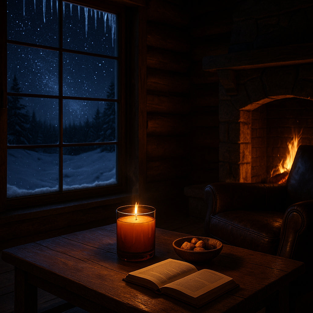 Gemütliche Winternacht in einer rustikalen Hütte: durch ein großes Fenster sieht man verschneite Landschaft, Sternenhimmel und Eiszapfen. Im Raum flackert ein Kamin, daneben ein dunkler Ledersessel. Auf einem Holztisch stehen dezent eine amberfarbene Duftkerze mit weißem Wachs, ein aufgeschlagenes Buch und eine Schale mit Plätzchen – warm, würzig und geheimnisvoll.