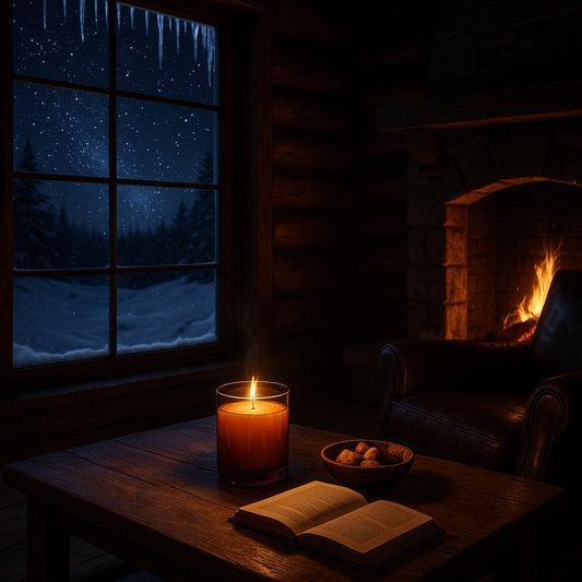 Gemütliche Winternacht in einer rustikalen Hütte: durch ein großes Fenster sieht man verschneite Landschaft, Sternenhimmel und Eiszapfen. Im Raum flackert ein Kamin, daneben ein dunkler Ledersessel. Auf einem Holztisch stehen dezent eine amberfarbene Duftkerze mit weißem Wachs, ein aufgeschlagenes Buch und eine Schale mit Plätzchen – warm, würzig und geheimnisvoll.