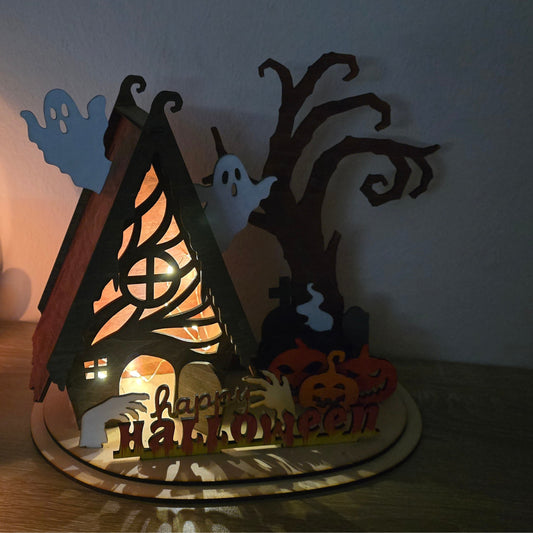 Deko Happy Halloween Spukhaus – Handgemachte Holzdeko mit Licht