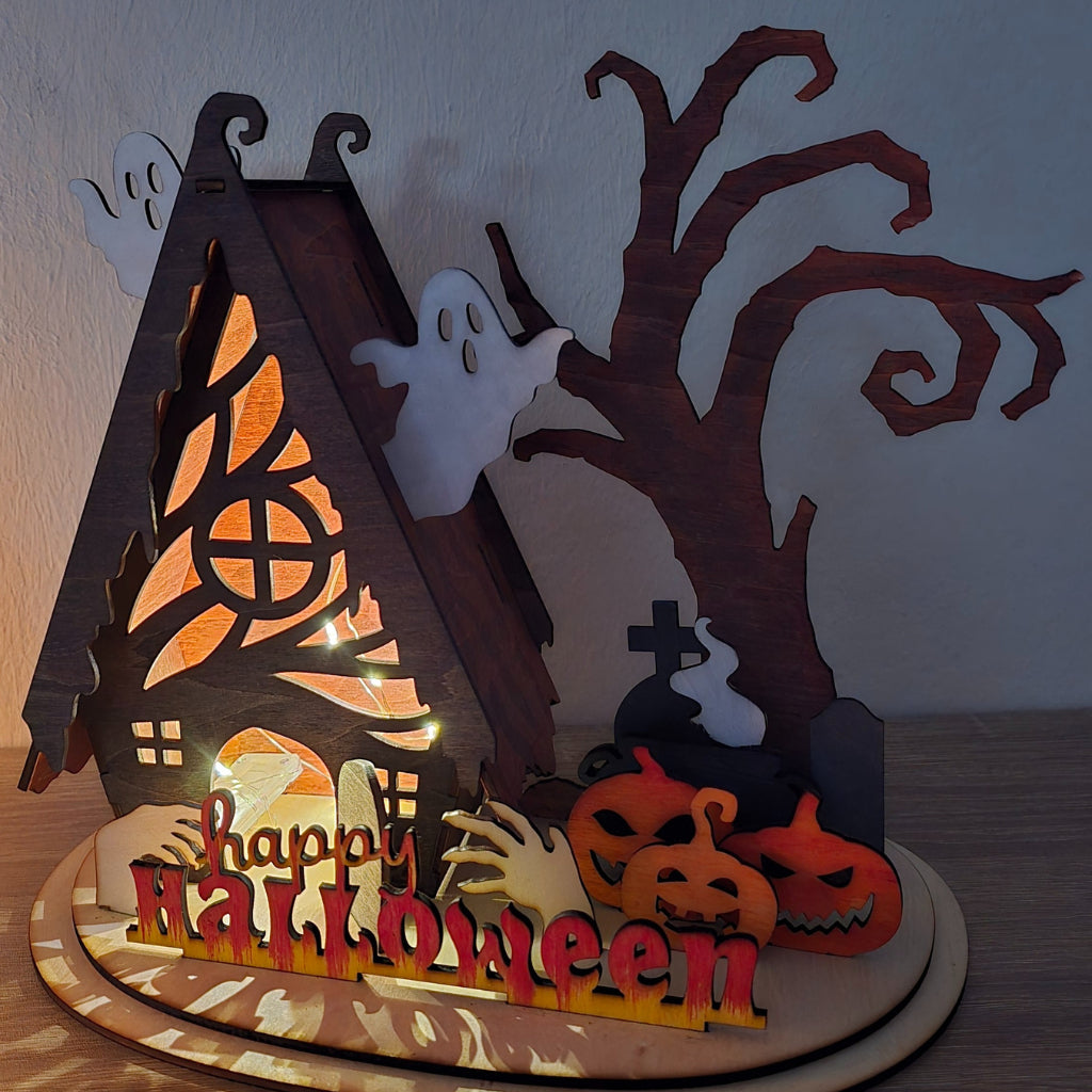 Deko Happy Halloween Spukhaus – Handgemachte Holzdeko mit Licht