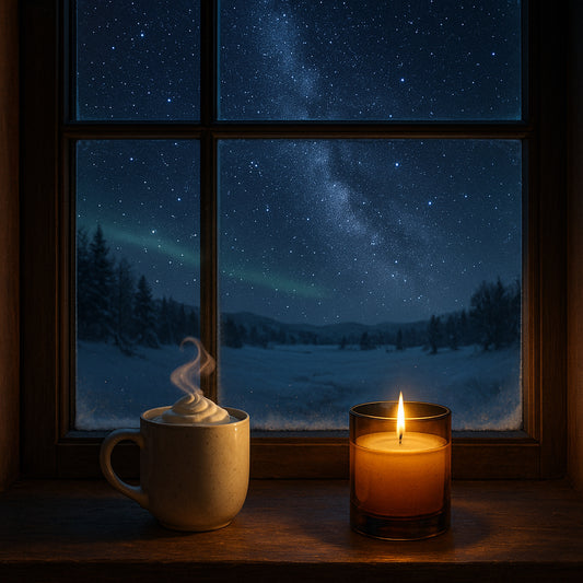 Ein klarer Winterabend durch ein Fenster gesehen: draußen verschneite Hügel unter funkelndem Sternenhimmel mit Milchstraße und zarten Polarlichtern. Auf dem hölzernen Fensterbrett stehen eine Tasse dampfende heiße Schokolade und dezent eine amberfarbene Duftkerze mit weißem Wachs – warm, ruhig und geborgen.