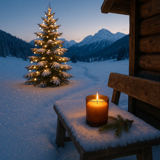 Verschneite Winterlandschaft bei Dämmerung: im Hintergrund ein geschmückter Weihnachtsbaum mit warmen Lichtern, der Schnee glitzert. Im Vordergrund eine Holzbank vor einer Hütte, darauf dezent eine amberfarbene Duftkerze mit weißem Wachs und eini Tannenzweig – stimmungsvoll, festlich, weiße Weihnacht.