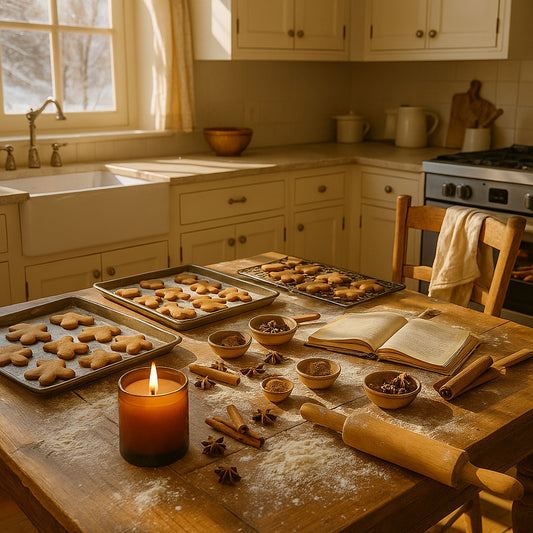 Duftkerze im amberfarbene Glas auf einem rustikalen Holztisch, umgeben von Backchaos mit Mehl, Gewürzen, Backblechen voller Lebkuchen, Schüsseln und einem Rezeptbuch, in einer sonnendurchfluteten Landhausküche im Winter.