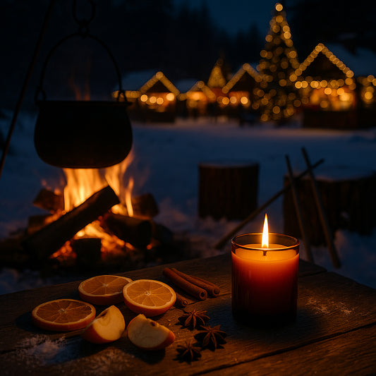 Duftkerze im amberfarbenen Glas auf einem rustikalen Holztisch, daneben Orangenscheiben, Apfelstücke, Zimtstangen und Anis, im Hintergrund ein Lagerfeuer mit Glühweinkessel, Baumstumpfsitze mit Stockbrot-Stangen und ein festlich beleuchteter Weihnachtsmarkt im Schnee.