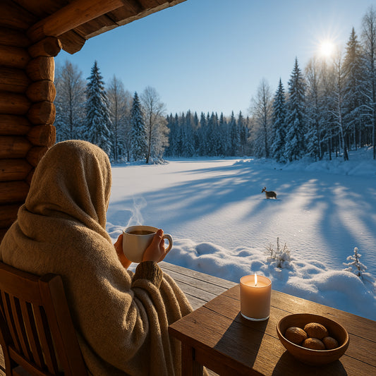 Blick von einer verschneiten Holzveranda über eine schneebedeckte Landschaft mit zugefrorenem See, dahinter ein winterlicher Wald unter strahlend blauem Himmel – eine Person in Decke gehüllt hält eine dampfende Tasse, neben ihr eine leuchtende weiße Duftkerze.