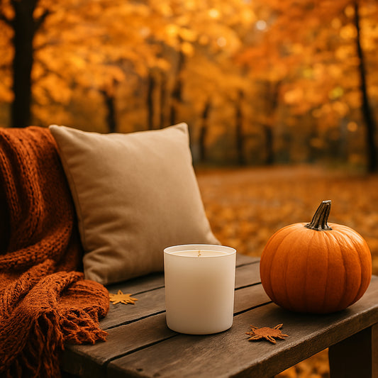 Herbstliche Szene im Wald: auf einem Holztisch steht dezent eine weiße Duftkerze in mattem Glas, daneben ein Kürbis, ein beiges Kissen und eine orangefarbene Strickdecke. Im Hintergrund leuchten goldene Herbstblätter – gemütlich, warm und einladend.
