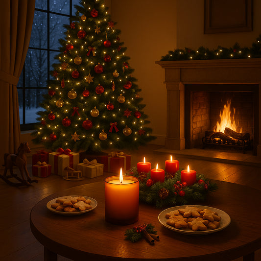 Duftkerze im amberfarbenen Glas auf einem runden Holztisch, daneben Teller mit Weihnachtsplätzchen und ein Adventskranz in Rot und Gold. Im Hintergrund ein festlich geschmückter Weihnachtsbaum mit Geschenken, ein offener Kamin mit Feuer und ein Schaukelpferd, durch die Fenster fällt der Blick in eine verschneite Winterlandschaft.