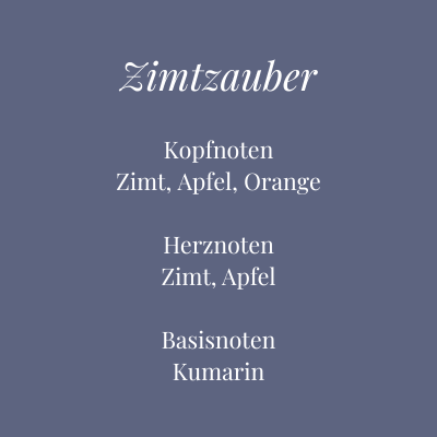 Bild mit Duftbeschreibung der Kerze Zimtzauber – würzig-fruchtiger Duft mit Apfel, Orange und Zimt – Aromadeko