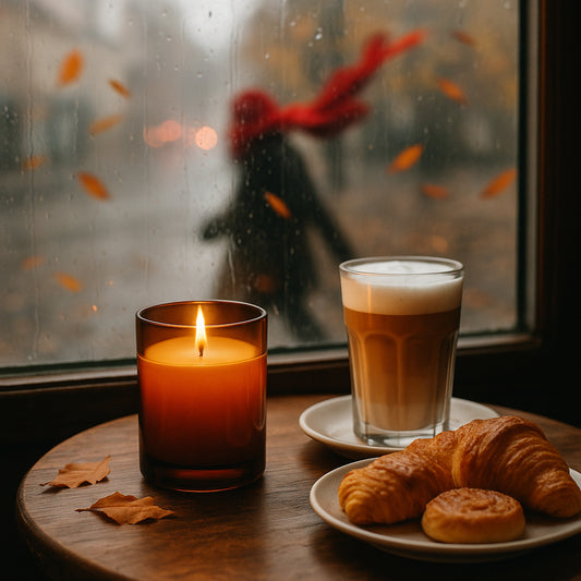 Amberfarbenes Kerzenglas mit weißem Wachs auf Holztisch, daneben Latte Macchiato und Gebäck. Im Hintergrund Herbststimmung mit Regen und rotem Schal.