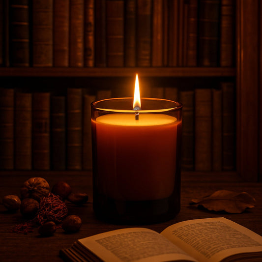 Belle’s Library Duftkerze in einem Amberglas mit weißem Wachs, inszeniert vor einem stilvollen, nostalgischen Bücherregal. Die warme, beruhigende Atmosphäre wird von sanften Gold- und Brauntönen untermalt, die eine elegante, geheimnisvolle Stimmung erzeugen.